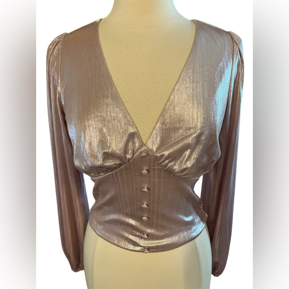 Anthropologie Flat White Pink Shine Blouse long Sleeves & front buttons Size S - Picture 3 of 8